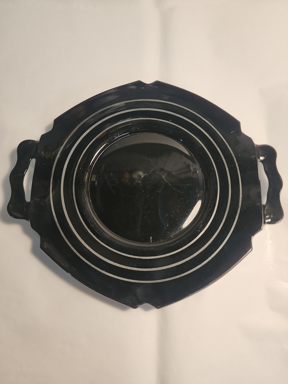 Vtg LE Smith Mt. Pleasant Black Amethyst Glass Flat Handled Plate Tray Art Deco